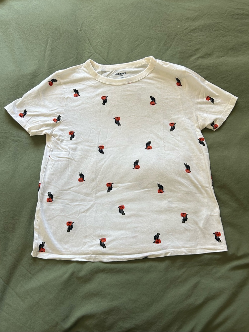 Old Navy White Black Cat & Pumpkin Halloween Graphic Tee | Medium